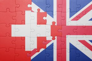 puzzle with the national flag of great britain and switzerland . concept